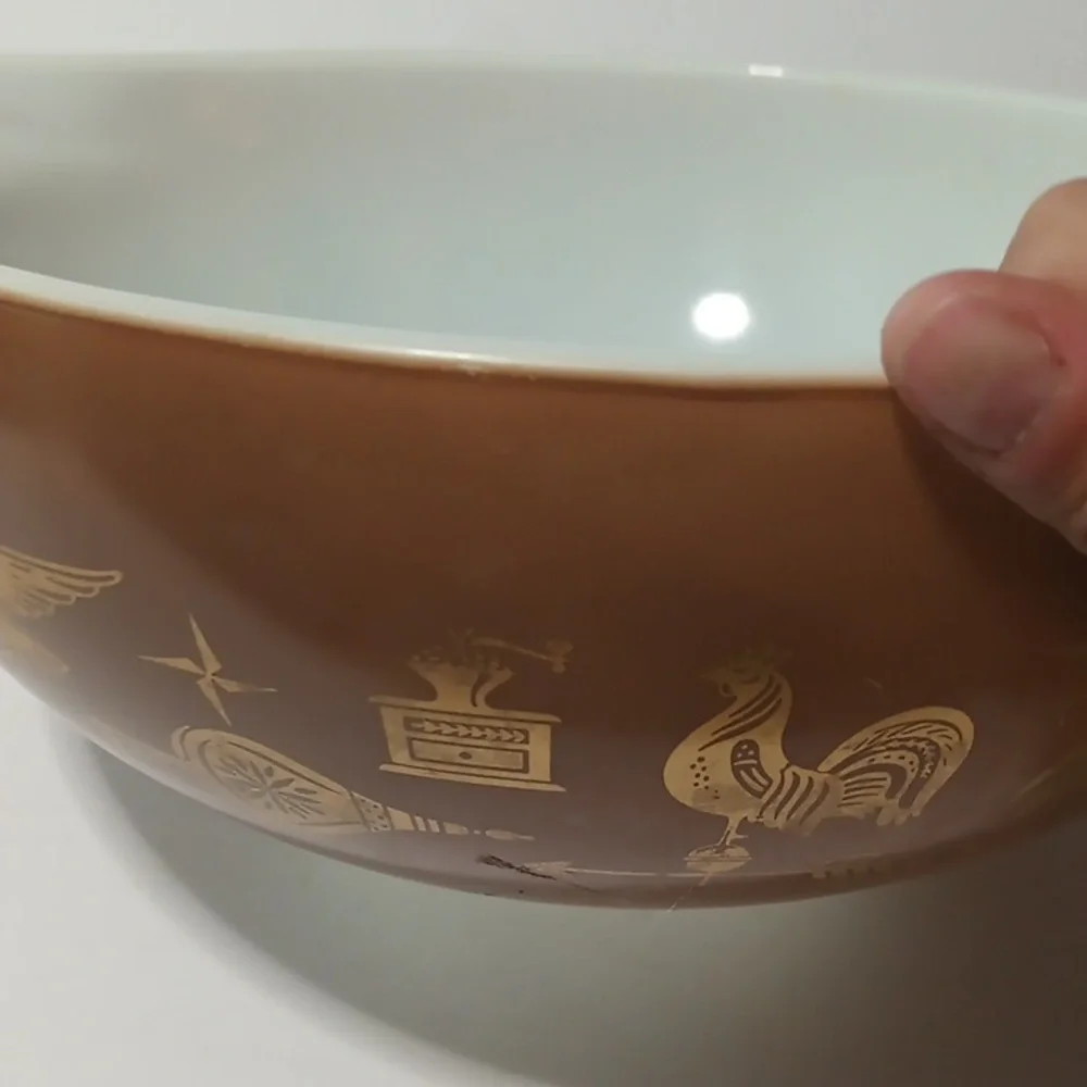 PYREX Vintage Mixing Serving Bowl Chocolate Golden Symbols Graphics Hand Washed